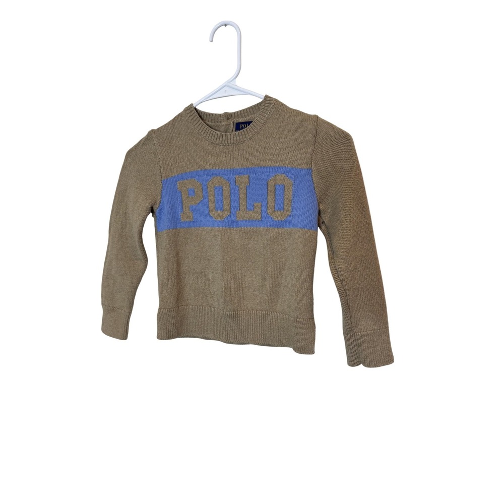 Polo Ralph Lauren Sweater Boys 6 Tan Blue POLO Logo Cotton Crewneck Knit